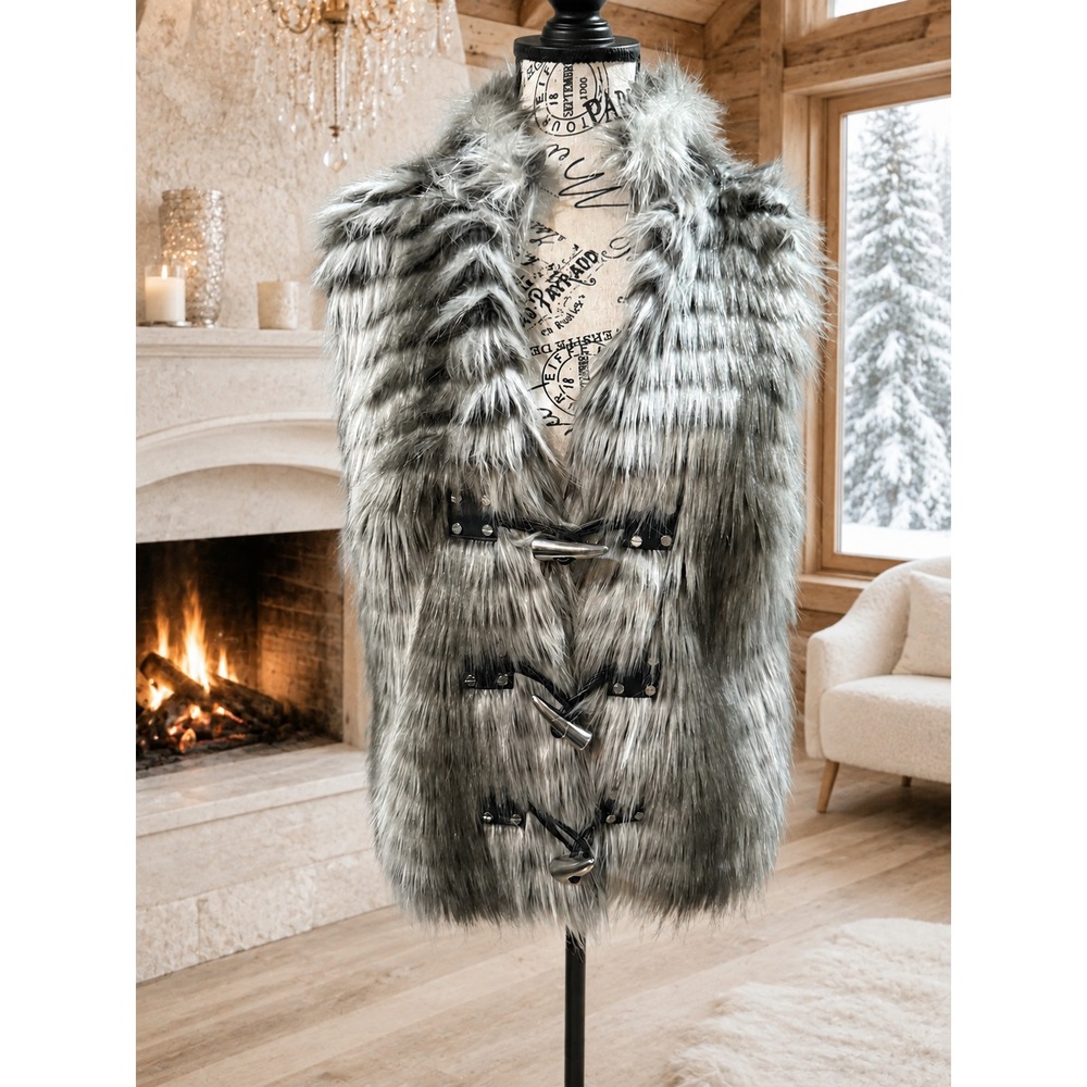 Michael Kors Gray Faux Fur Vest Medium M Horn Toggle Closure Silver Tone Accent